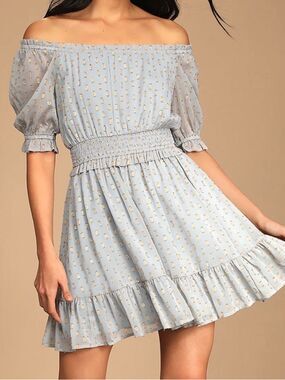 Lulus Women’s Touch of Glam Dusty Blue Dotted Off-the-Shoulder Mini Dress Size L
